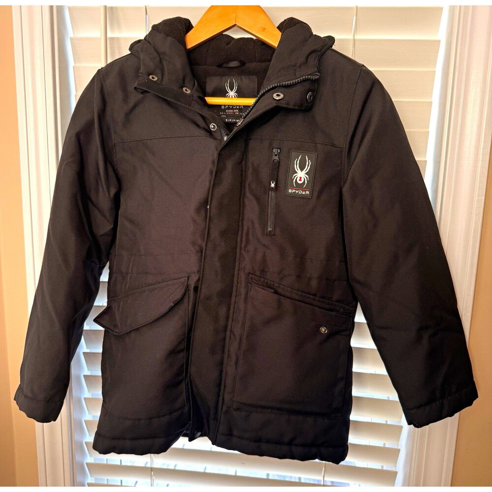 Spyder Boys 8  S Black Hooded Parka Jacket Mid-Length Full Zip Pockets